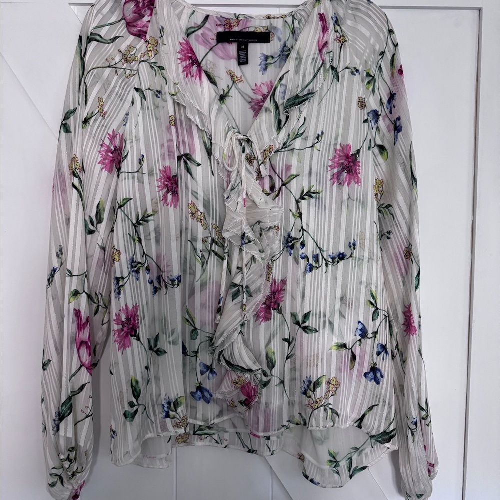 White House Black Market Floral Stripe Blouse - White and Pink